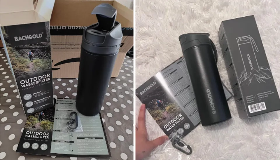 included components of BachGold filtering water bottle contains a carabiner and instructions, making it easy to use.