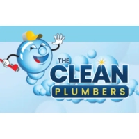 The Clean Plumbers logo featuring a waving bubble mascot holding a wrench and bold blue and yellow typography, representing professional and friendly plumbing services.