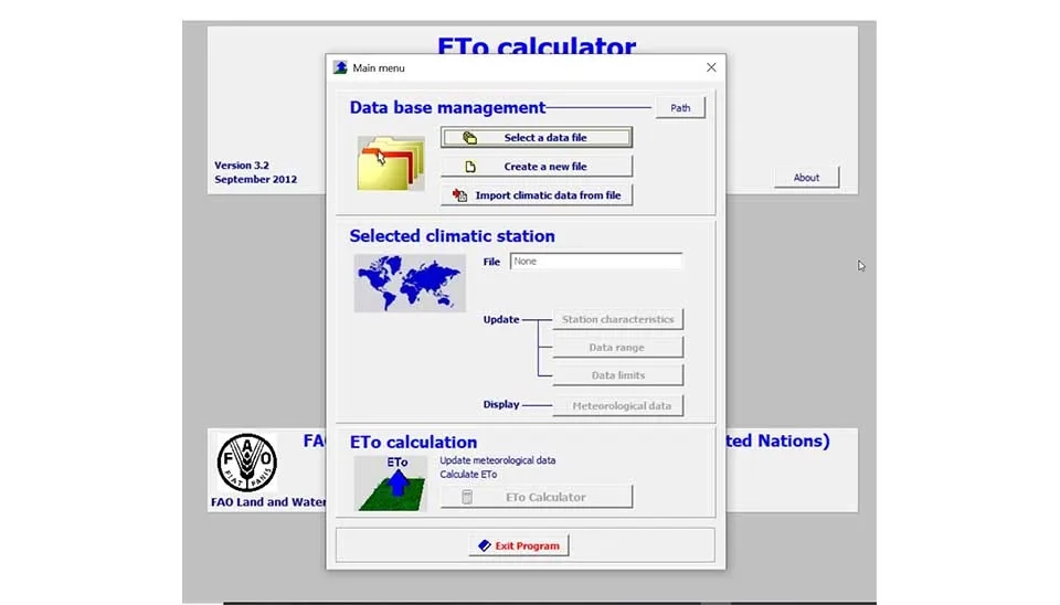 ETo Calculator software main page. Screenshot shows menu options, buttons, and input fields for station selection, used in the ETo Calculator Online Training.