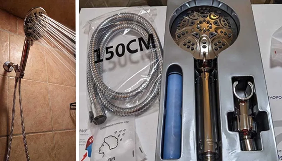 The box of the  HOPOPRO Filtered Shower Head contains all needed components and an extra filter.