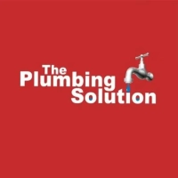 Logo for The Plumbing Solution: white text and a detailed silver faucet dripping blue water 