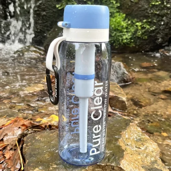 Pure Clear filtering water bottle is used for outdoor activity to provide clear and safe water.