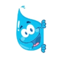 Friendly light blue cartoon water droplet mascot with large eyes and a cheerful smile peeking from a vertical edge on a white background