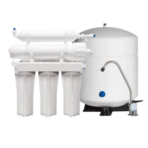 The Water Doctor multi-stage reverse osmosis system with storage tank and chrome faucet.