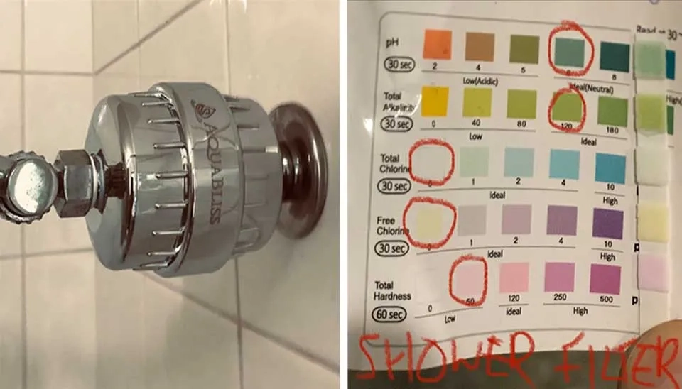 Test strips shows that the AquaBliss Multi-Stage Shower Head Filter removed chlorine successfully.