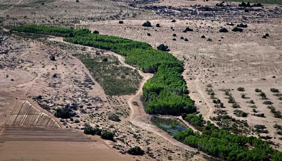 Image depicting the destroyed and dry Colorado River delta in Mexico. Illustrates the negative impact of sediment trapping in dams upstream, leading to delta degradation and ecosystem damage downstream.