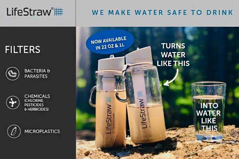 ‎lifeStraw filtered water bottle purified turbid water to clean and drinkable water.