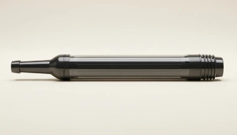 Sleek, portable water filter straw in a matte dark gray, ideal for camping and survival, displayed on cream.