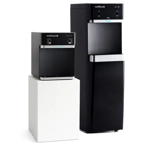 Wellsys W9 freestanding and W9 CT countertop water dispensers with touch-free sensor activation and LED UV sanitation.
