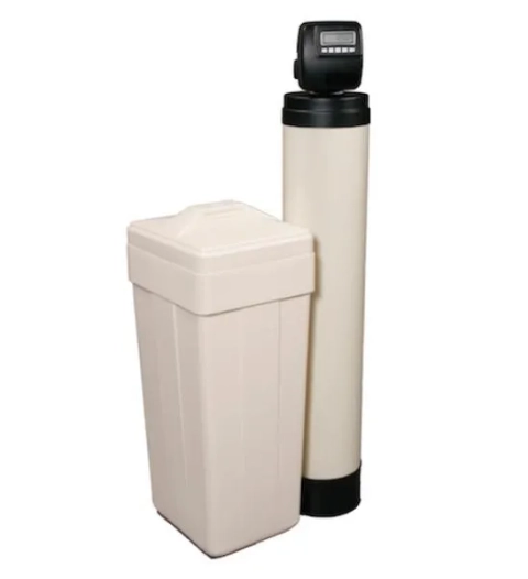 Residential water softener with digital control valve and separate square brine tank.