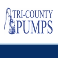 Tri County Pump Service Inc logo featuring a blue line art icon of a mechanical hand well pump next to the stacked serif text "TRI-COUNTY PUMPS" on a white background