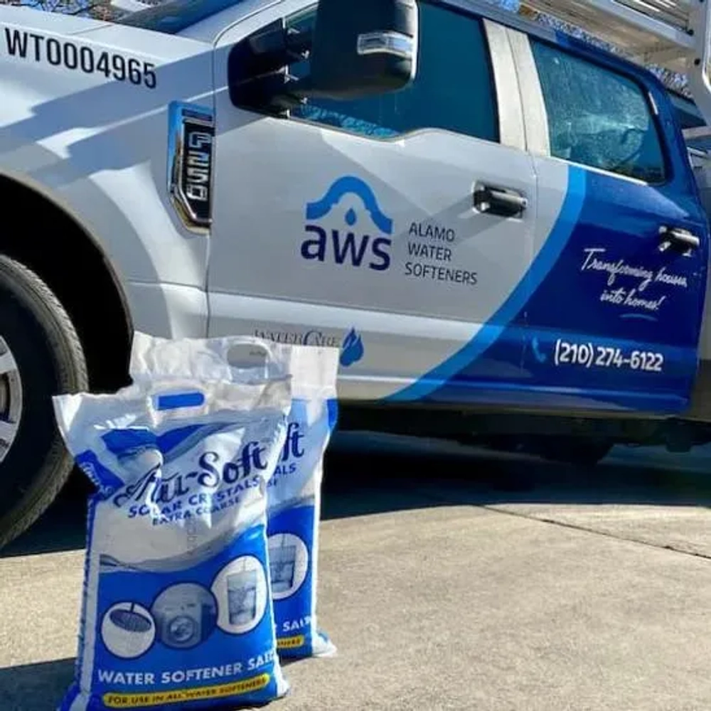 Tru-Soft Solar Crystals water softener salt delivered by Alamo Water Softeners service truck