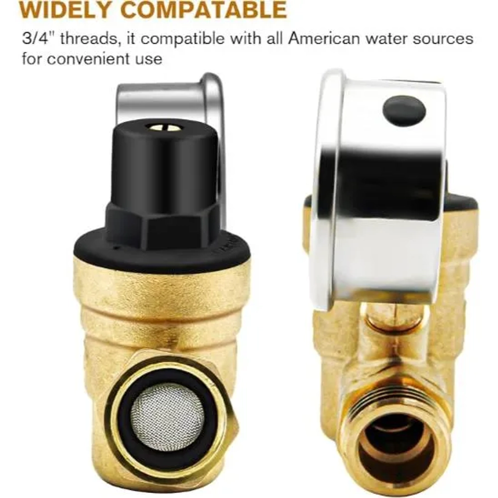 Twinkle Star RV Water Pressure Regulator Valve with Gauge and Inlet Screened Filter