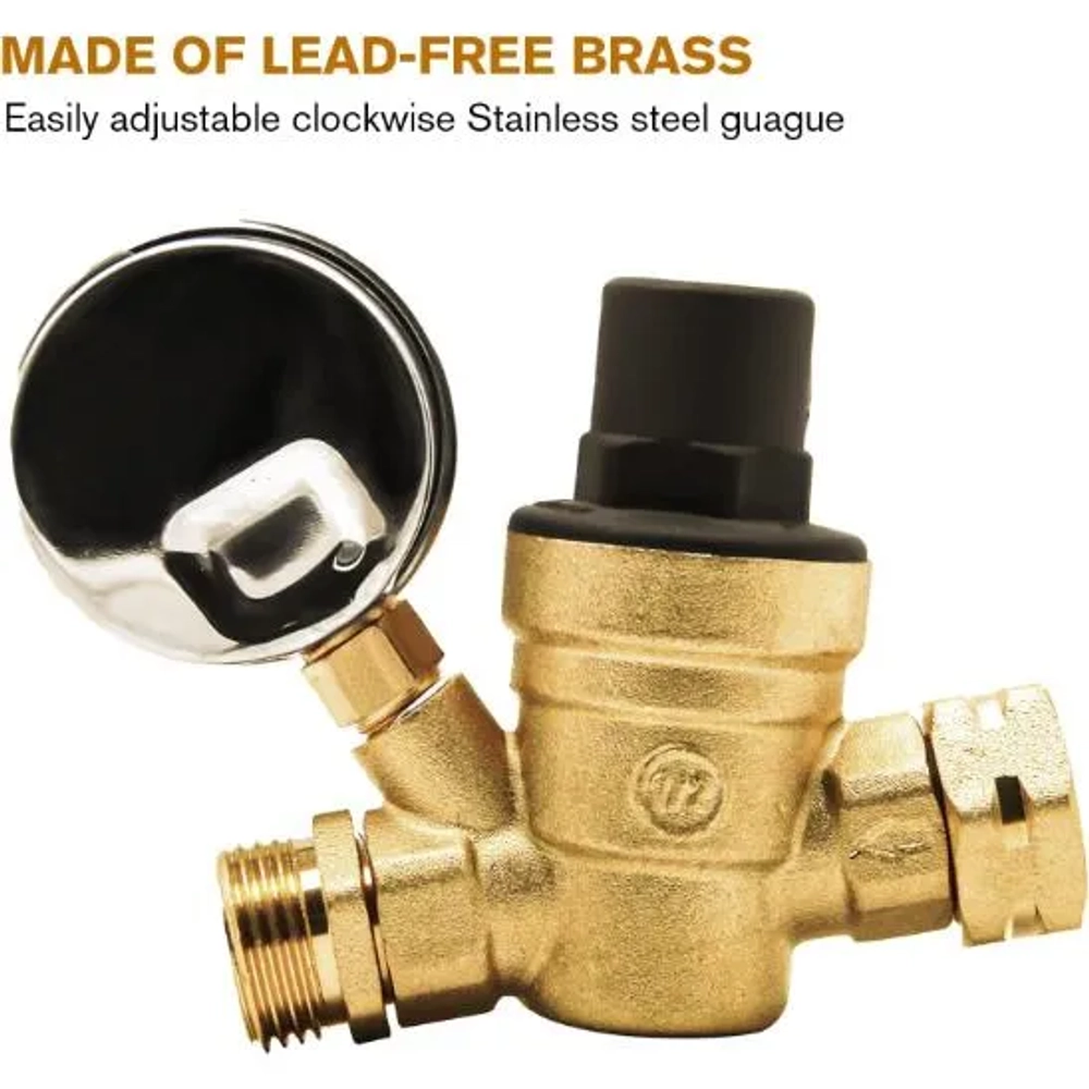 Twinkle Star RV Water Pressure Regulator Valve with Gauge and Inlet Screened Filter