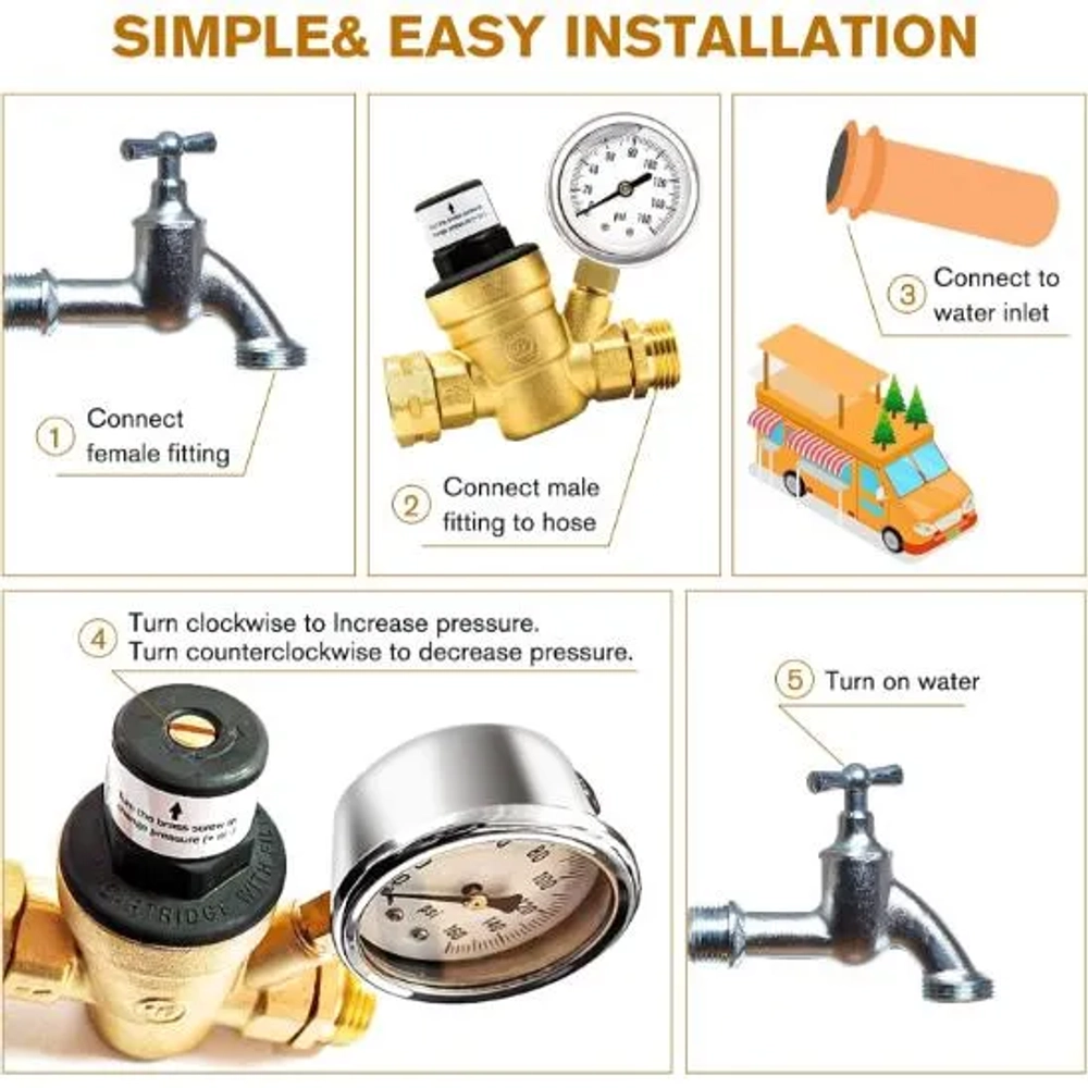 Twinkle Star RV Water Pressure Regulator Valve with Gauge and Inlet Screened Filter