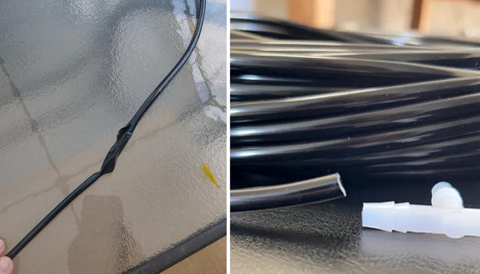 Two splits appeared in the MIXC tubing line after 2 weeks, which occurred by the sunlight, (Left)  This product is incompatible with 14 barb fittings due to its smaller size, despite being labeled as such (Right)