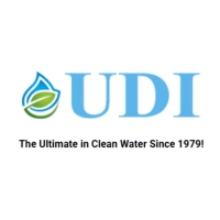 Logo for UDI Water, emphasizing clean water with an eco-friendly leaf icon and their long history since 1979