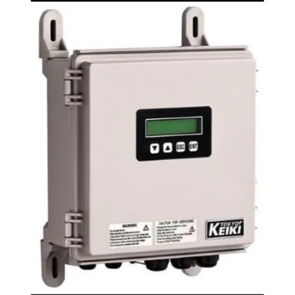 Tokyo Keiki UFW-100 flow meter main unit with digital display, IP65 weatherproofing, and USB data logger. (Character Count: 102)