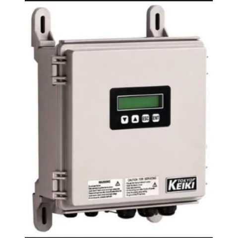 Tokyo Keiki UFW-100 flow meter main unit with digital display, IP65 weatherproofing, and USB data logger. (Character Count: 102)