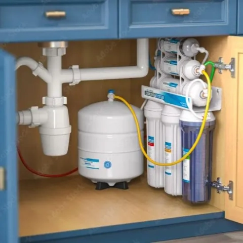 Under-sink RO drinking water system with multiple filter cartridges and a pressure storage tank visible.