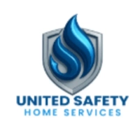 United Safety Home Services logo featuring a metallic silver shield with a 3D blue flame icon and professional blue sans-serif typography