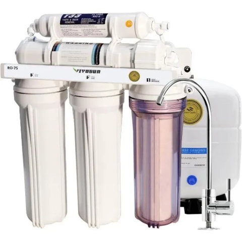 VIVOSUN 5-stage reverse osmosis system with 75 GPD high-flow membrane and WQA Gold Seal certification.