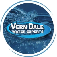 Vern Dale Water Experts logo on a blue water background, specializing in water treatment solutions