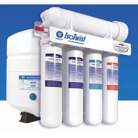 Vertex IsoTwist 5-Stage Reverse Osmosis System with a under-sink design and storage tank.
