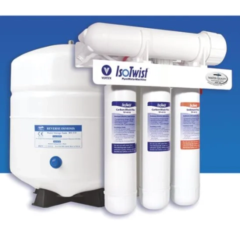 Vertex IsoTwist RO system featuring sediment and carbon block filters with easy twist-off design.