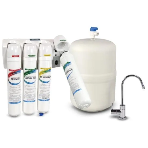 Vesta reverse osmosis system including main unit, storage tank, and chrome dispensing faucet.