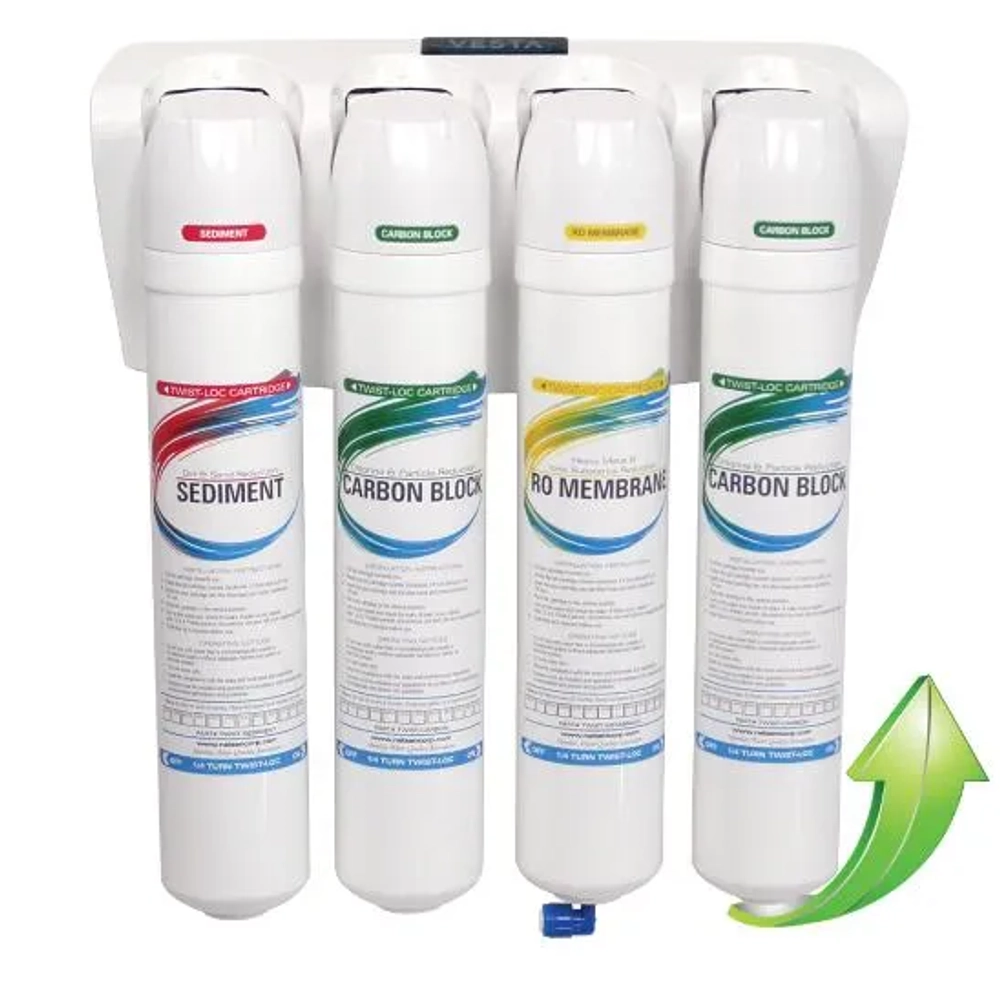 Close-up of the Vesta Twist-Loc quick-change drinking water filter cartridge system.