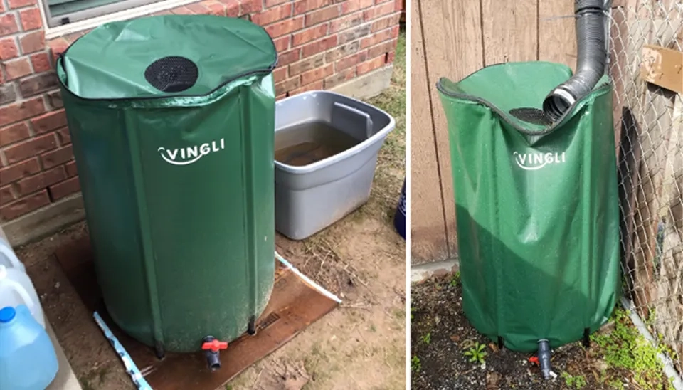  Vingli 100 Gallon Collapsible rainwater barrel  easy to assemble It has an overflow at the top, so it does not get too full.