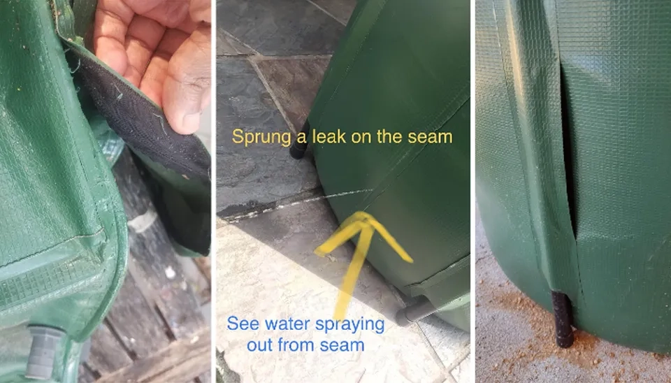 Vingli rainwater barrel  the seams ripped when the capacity was full (left)  leaking issue (middle)  The vinyl was unglued after a few days (right)