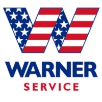 Warner Service logo featuring a large capital letter "W" styled as an American flag with red and white stripes and white stars, above the bold navy blue text "WARNER" and bright red text "SERVICE" on a white background