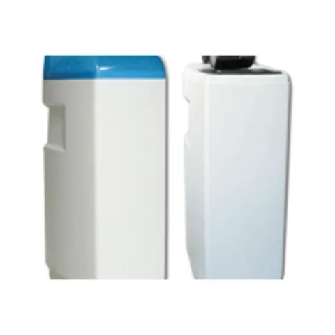 Water Care Est residential water softener system featuring a compact white cabinet design with a blue top.