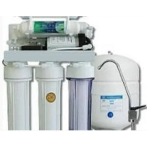 Water Care Est multi-stage reverse osmosis system with filtration cartridges and a storage tank.