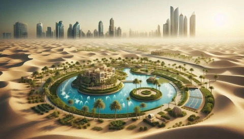 Sustainable oasis in Abu Dhabi desert; water conservation and modern cityscape.
