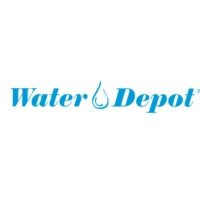 Water Depot logo featuring a bright cerulean blue stylized serif wordmark separated by a minimalist water droplet outline icon on a white background