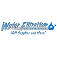 Water Filtration Services logo featuring light-blue script typography, a "Well Supplies and More!" tagline, and a friendly water droplet mascot holding a glass