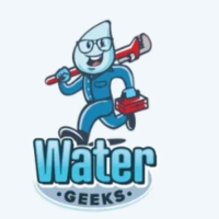 Water Geeks LLC logo featuring a cartoon water drop plumber carrying tools for professional services