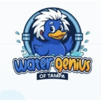 Water Genius of Tampa logo featuring a blue duck mascot with white "genius" hair and bubbly orange and blue typography, representing expert local water treatment