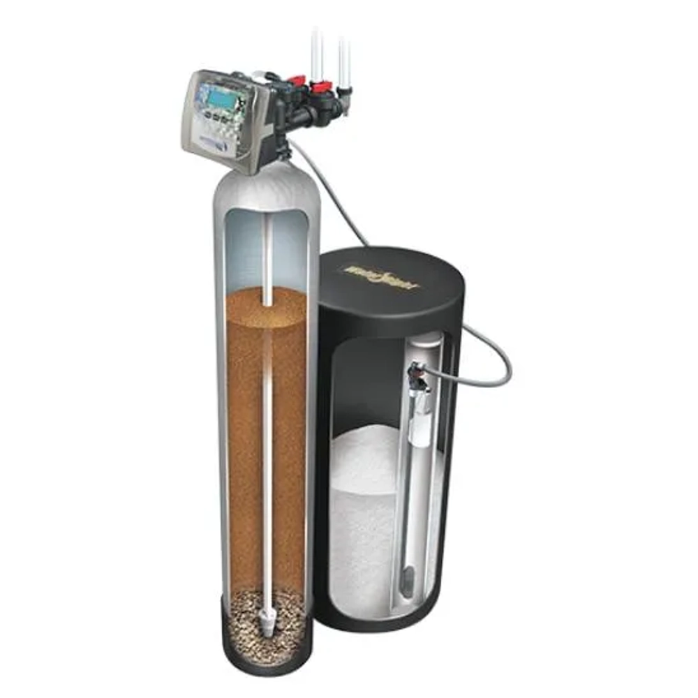 Cutaway view of Water-Right Impression Plus water softener showing resin media and brine tank interior.