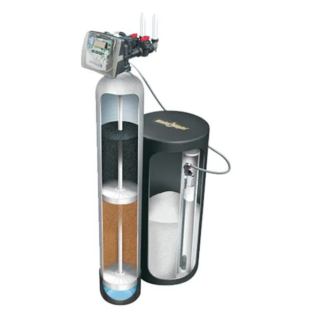 Internal cutaway of Water-Right Impression RC softener showing activated carbon and resin layers.