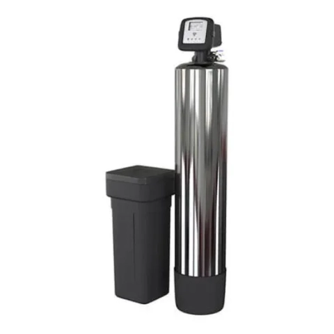 HydroBot Water Softener by Water Service USA featuring a sleek chrome tank and brine storage unit.