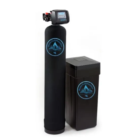 Water Soft Houston whole-house water softener system with sleek black media tank and brine tank.