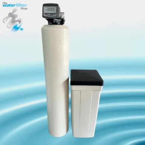 Water Softener twin tank system removing calcium/magnesium using high-capacity resin and automatic backwash.
