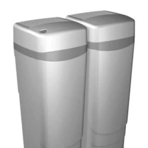 Twin-tank cabinet style water softener product sold by American Water and Plumbing, suitable for modern homes