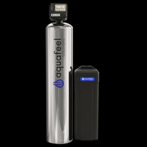 Aquafeel Solutions water softener with a stainless steel tank, digital valve, and black brine tank.