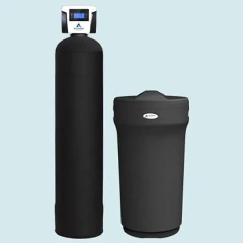 Artisanal Water Solutions black water softener system with digital control valve and brine tank.