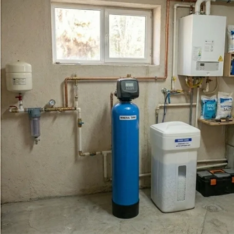 Flow Rite Plumbing blue water softener mineral tank and white brine tank setup